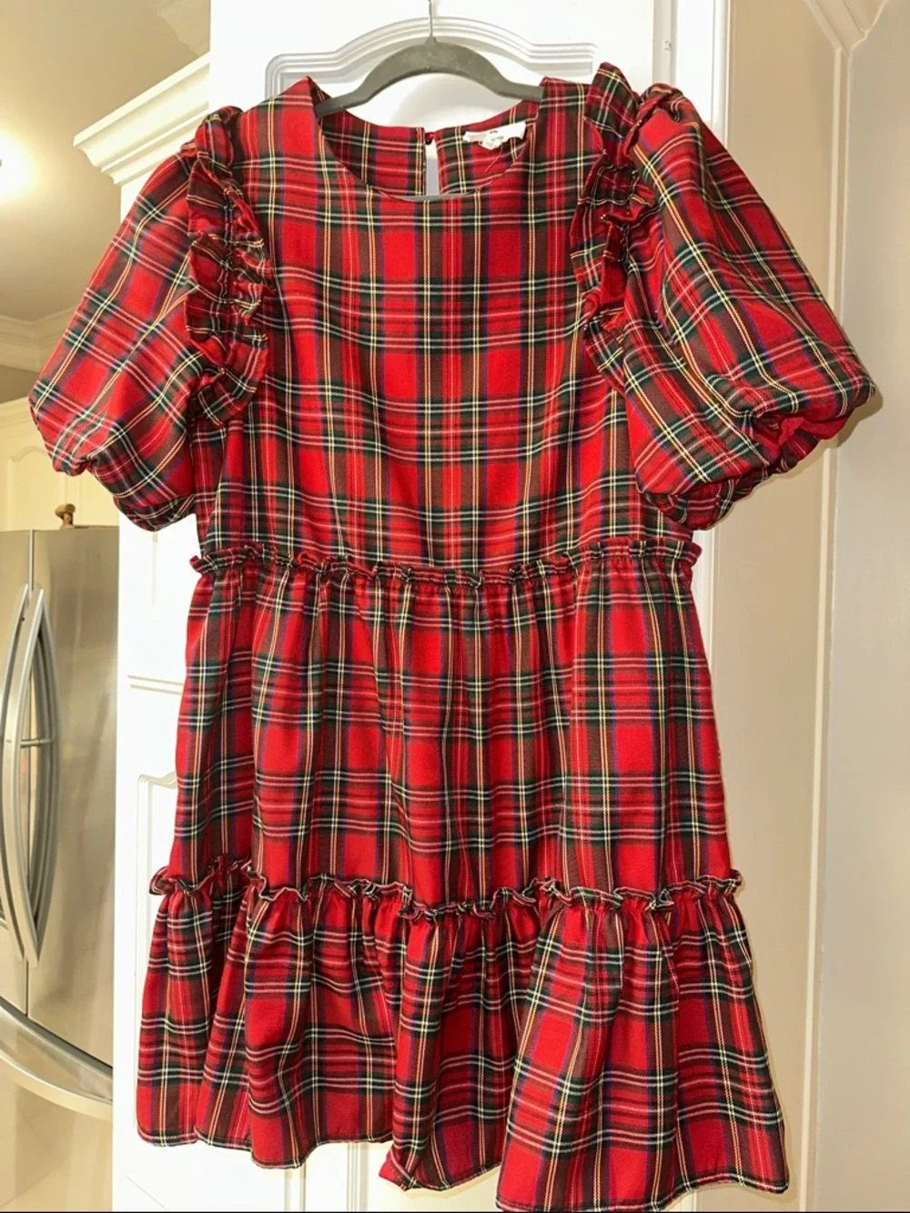entro Red Plaid Puff Sleeve Tiered Mini Dress - Picture 1 of 4